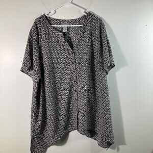 Womens Catherines Geometric Button Shirt Short Sleeve‎ Black White 2X 22/24W